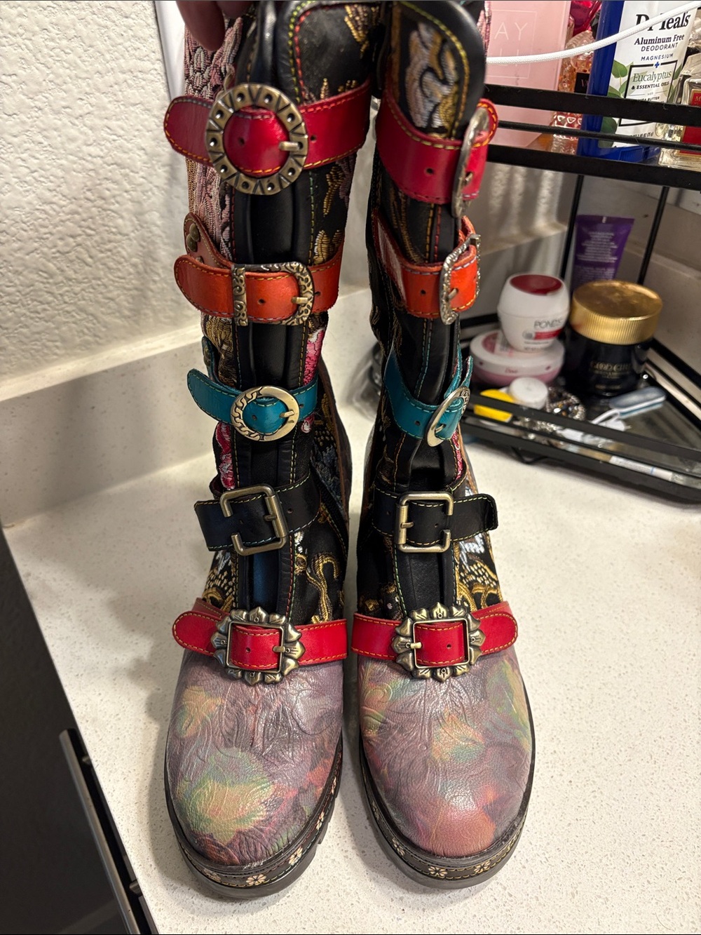 Women's Multicolor Buckle Leather Boots - Unbranded